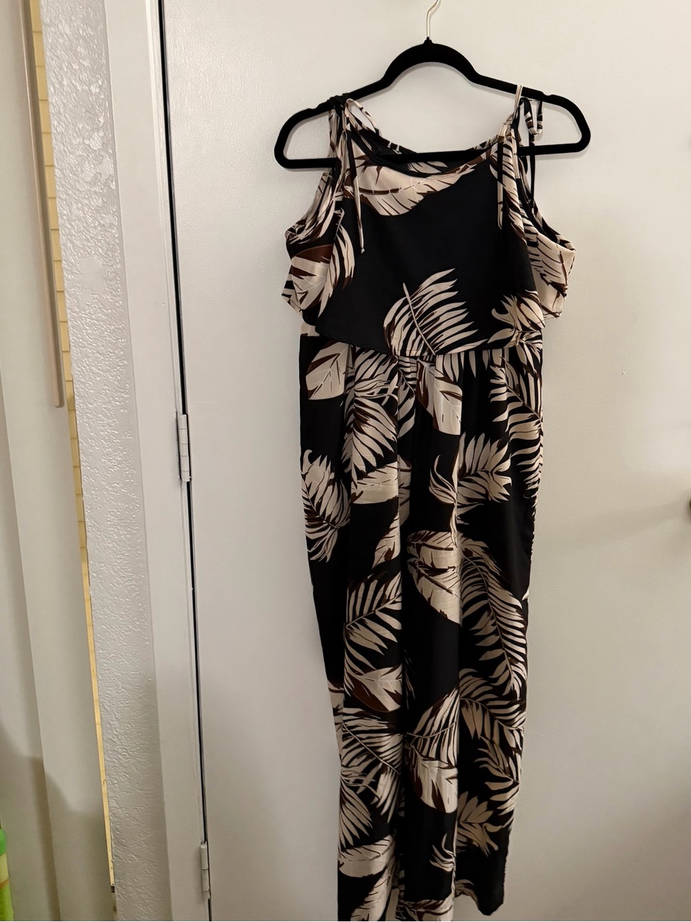 SHEIN Black Jumpsuit with Cream Tropical Leaf Print